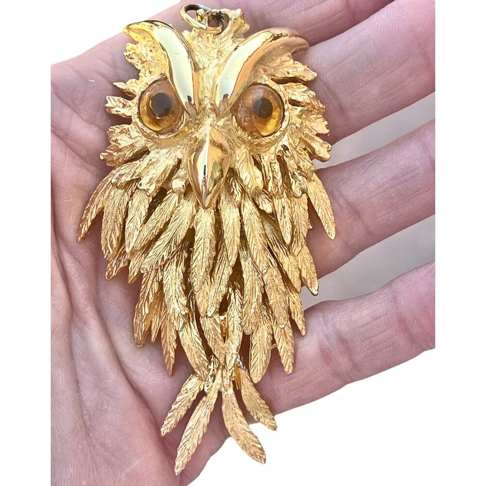 Vintage Gold-Tone Articulated Owl Pendant With Amber Colored Eyes 3.25 Inches No - Picture 2 of 5